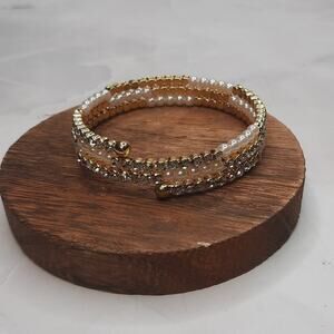 Rhinestone Embellished Gold Tone and Faux Pearl Beaded Coil Bracelet